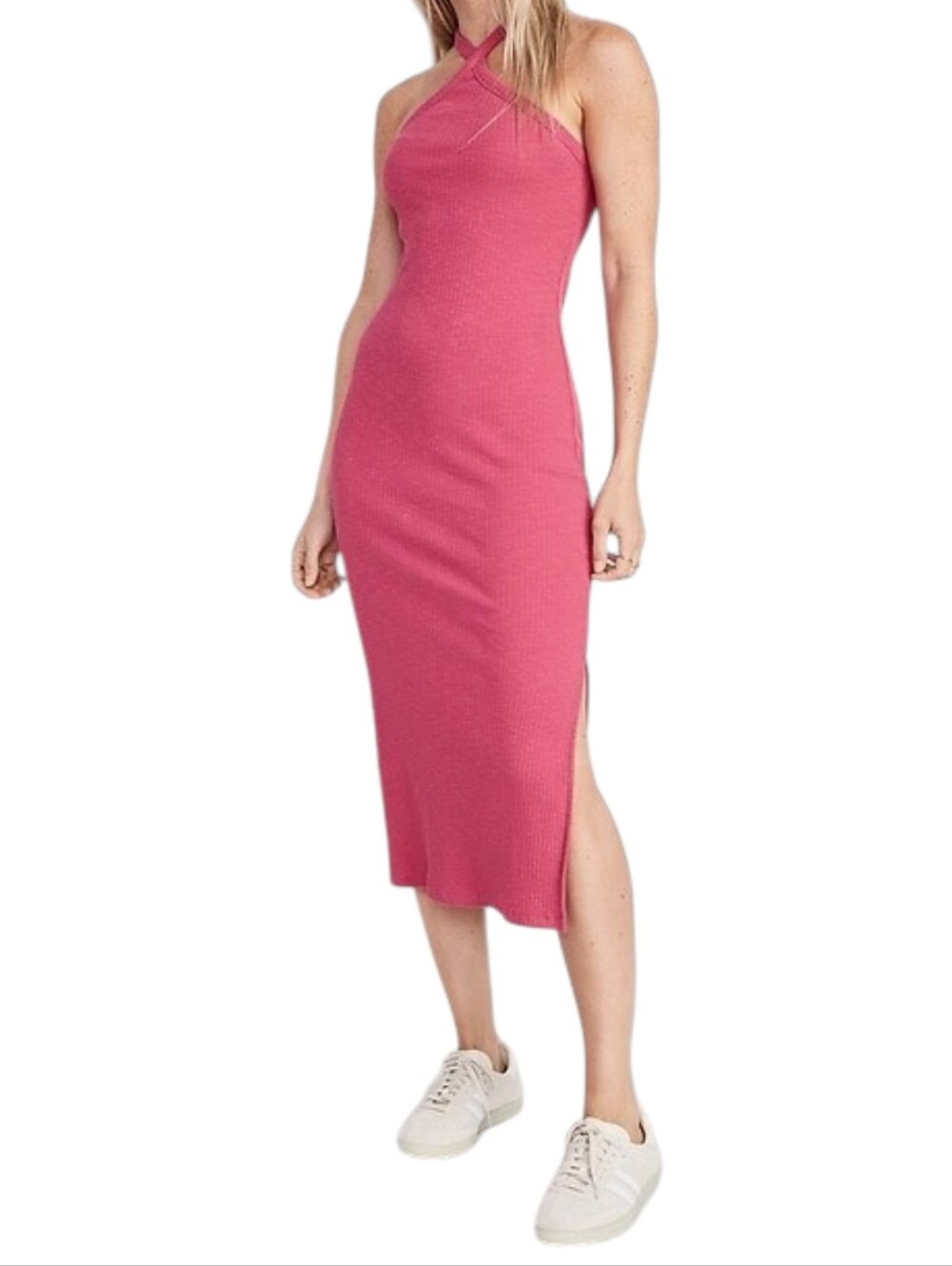 Old Navy Barbiecore Pink Cross Halter Ribbed Midi Dress